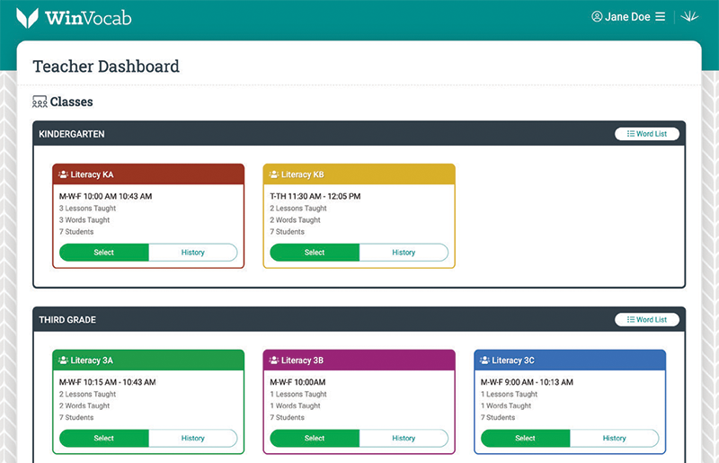 Dashboard screen preview for WinVocab showing vocabulary words.