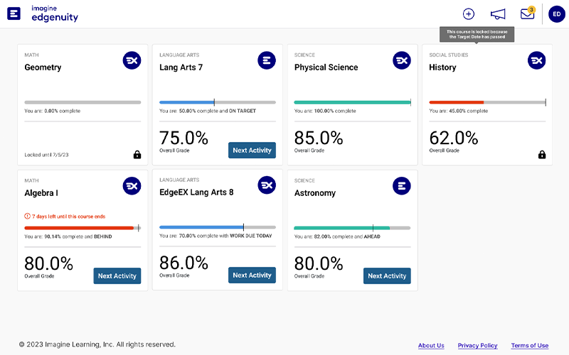 Screenshot of an student's dashboard within Imagine Edgenuity.