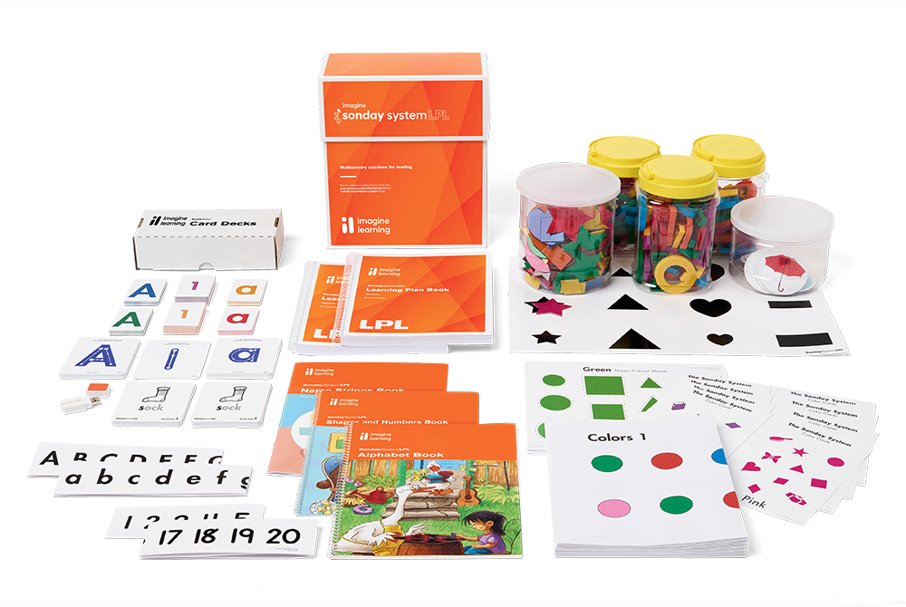 Group of Imagine Sonday System LPL printed product materials and manipulatives to teach reading.