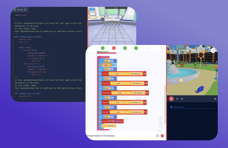 Two screenshot examples of Imagine Robotify's Blockly and Python courses.