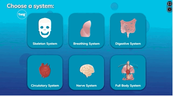 A screenshot of an interactive in Twig Science about the different systems of the human body