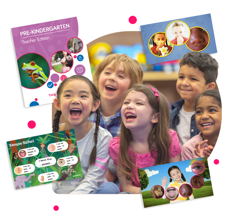 A collage of pre-k students laughing in a group surrounded by images of Twig Science content