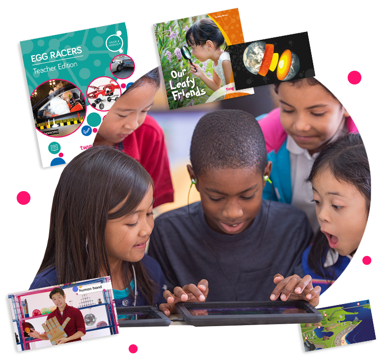 A group of elementary age students around a tablet surrounded by images of Twig Science content