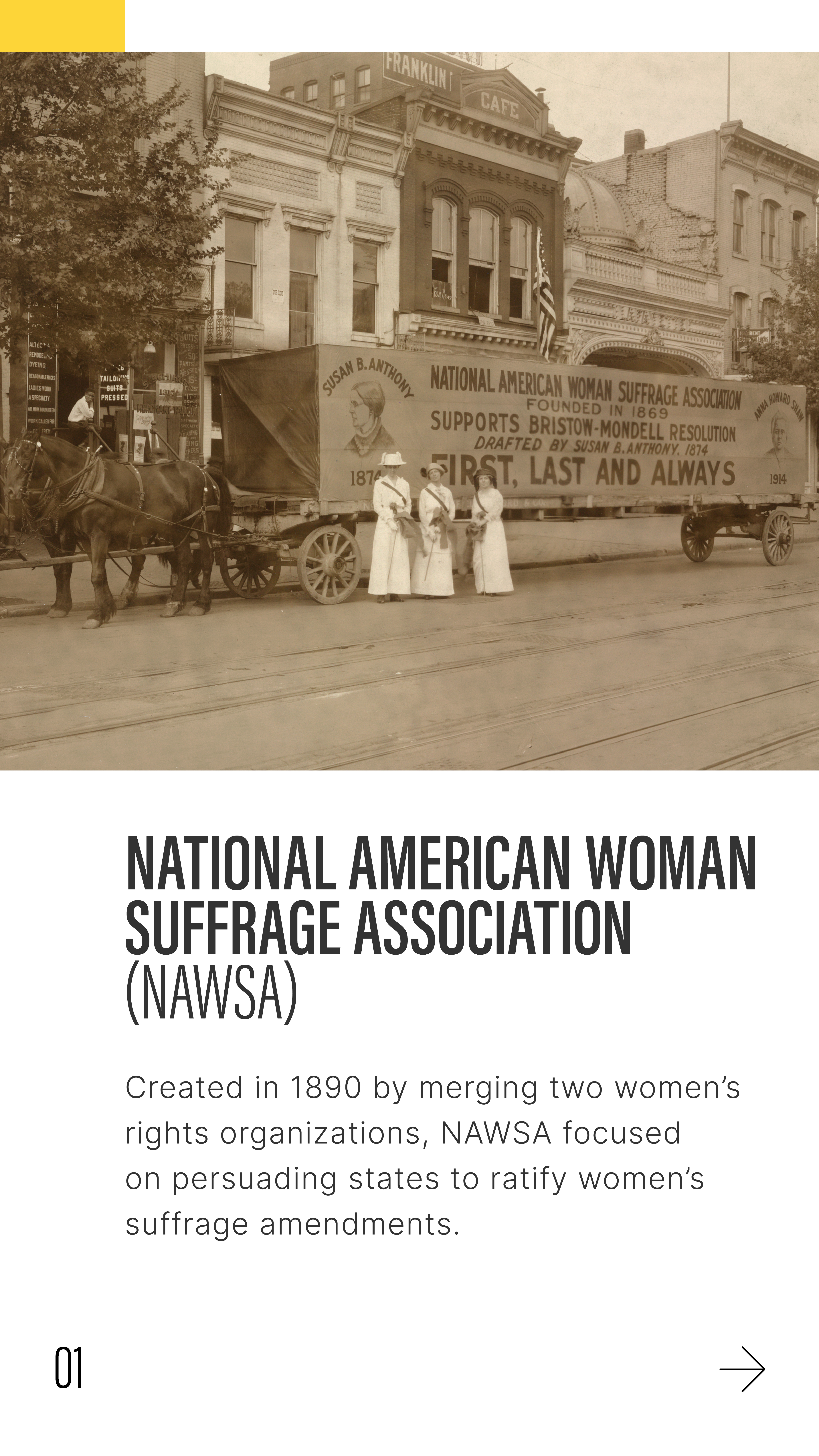 Three women stand in front of a horse-drawn wagon with a sign supporting the NAWSA, with text: NATIONAL AMERICAN WOMAN
SUFFRAGE ASSOCIATION
(NAWSA) 
Created in 1890 by merging two women's rights organizations, NAWSA focused on persuading states to ratify women's suffrage amendments