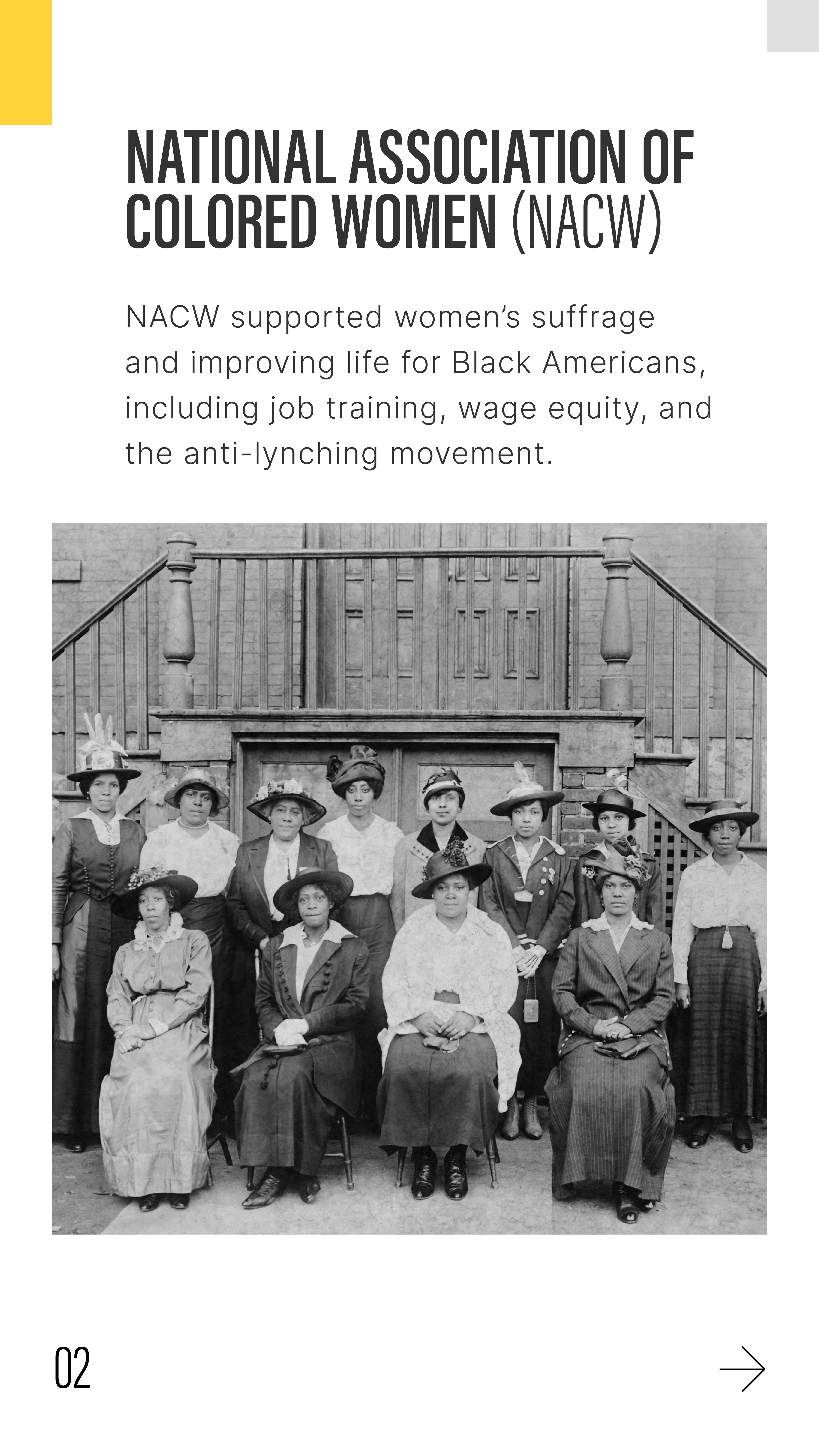 Group of women from the NACW, with text: NATIONAL ASSOCIATION OF COLORED WOMEN (NACW) NAW supported women's suffrage and improving life for Black Americans, including job training, wage equity, and the anti-lynching movement.