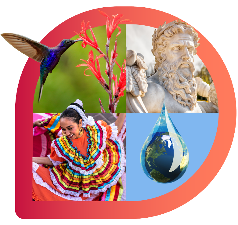 Colorful image showing examples of the engaging English Language Arts  content included in the Imagine Learning EL Education curriculum: a hummingbird, a classical statue of a man, a women dancing in colorful outfit, and an image of the planet.