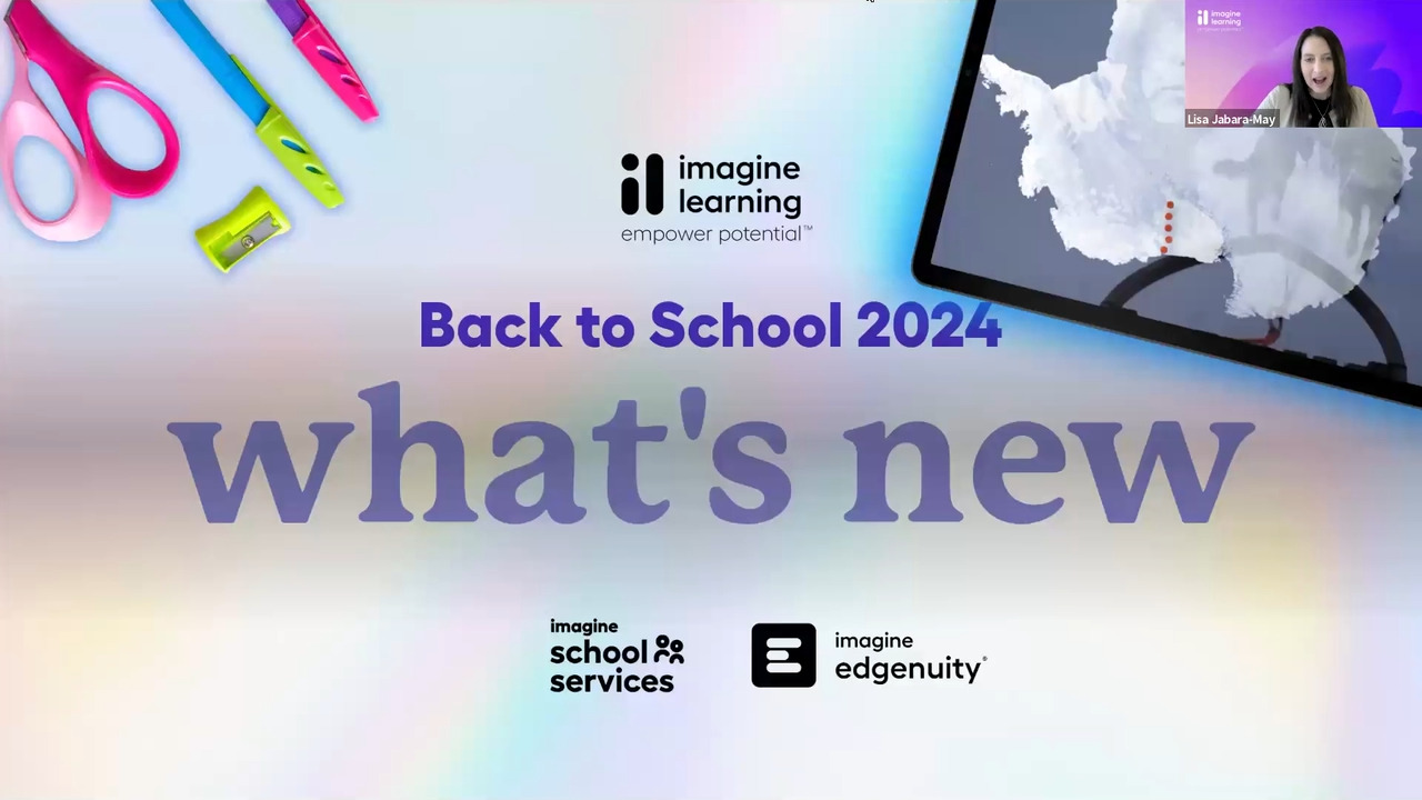 School supplies including a pair of scissors, a sharpener, and two pens and a tablet surrounding the text "Back to School 2024: What's New"